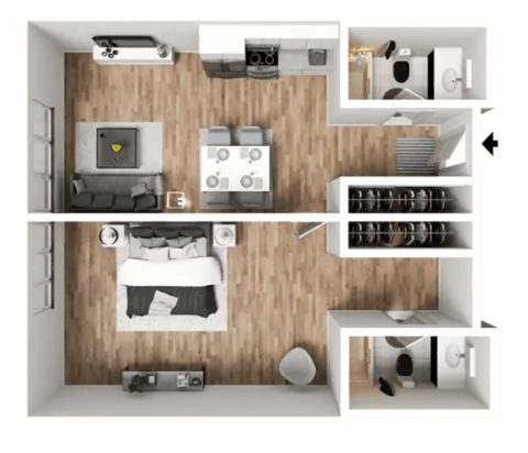 a 2 bedroom floor plan with a bathroom and a bedroom